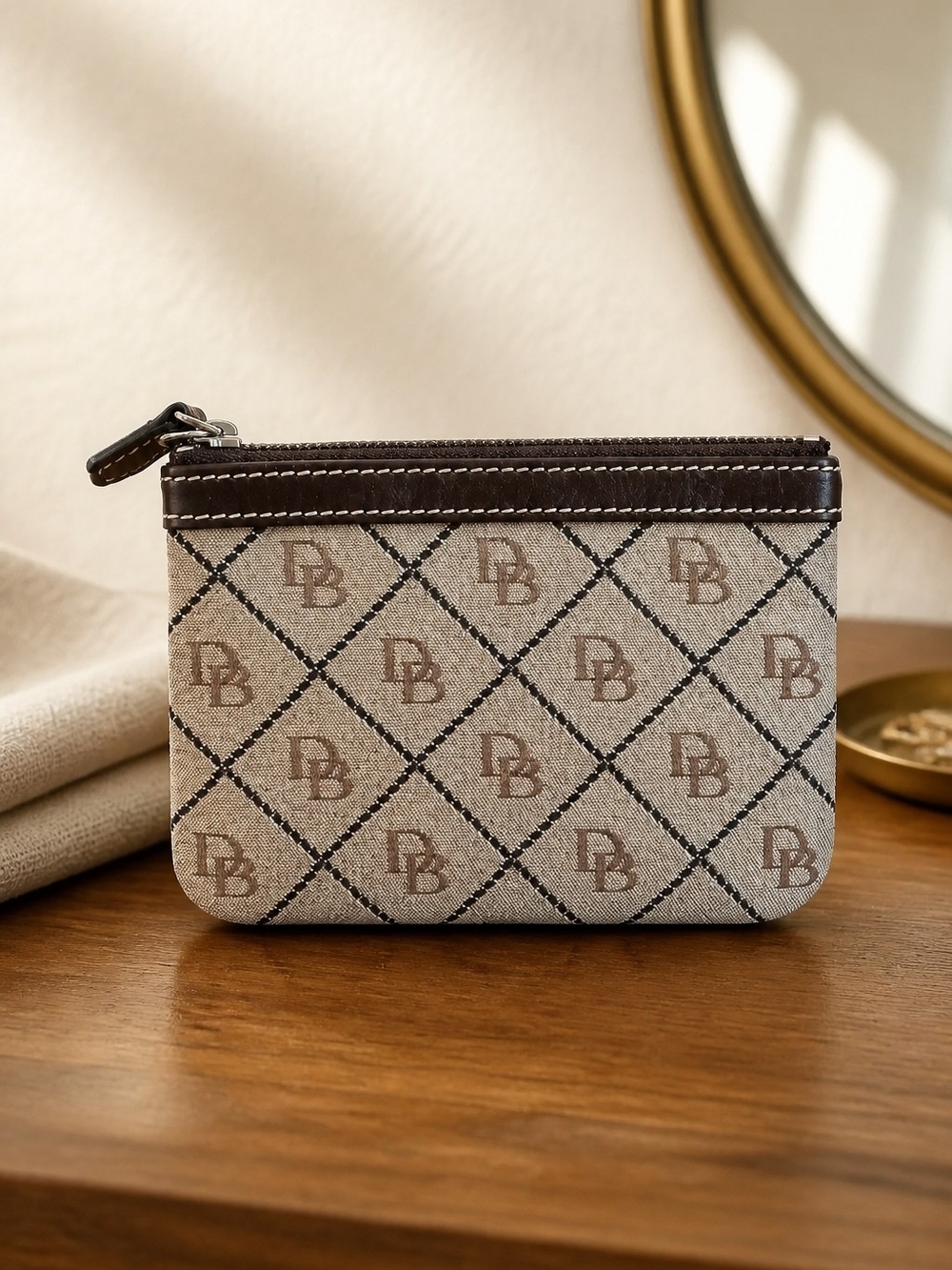 Dooney & Bourke Beige/Brown Monogram Canvas Zip Pouch